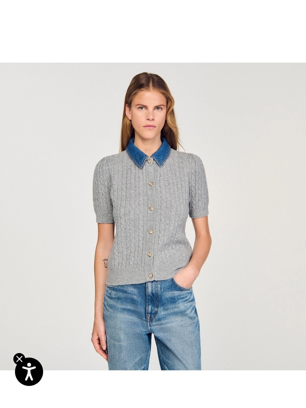 Short Sleeve Cable Knit Cardigan with Contrast Collar - Gray & Denim Blue